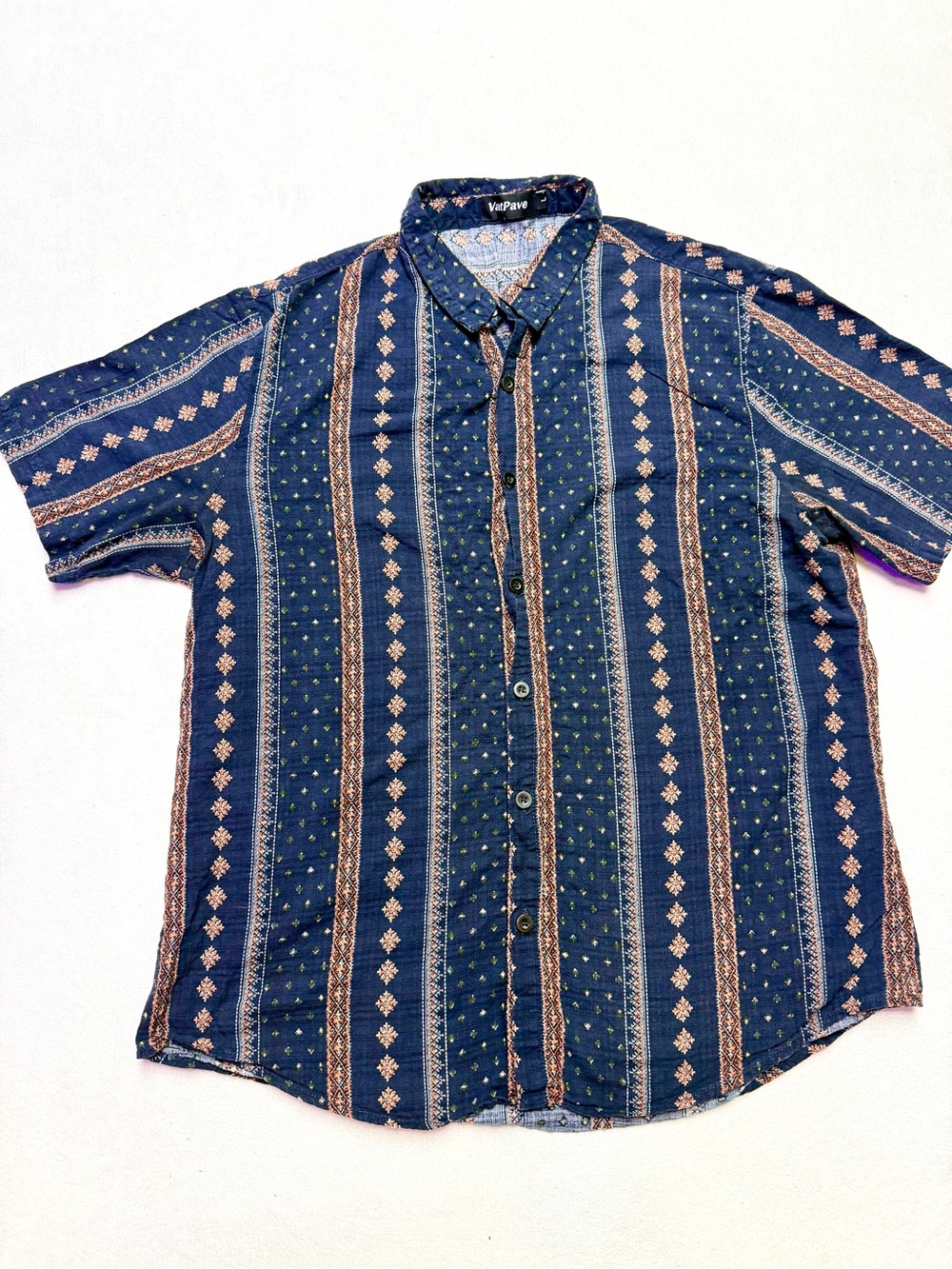 VatPave Navy Short-Sleeve Button-Down Shirt with Geometric Stripes